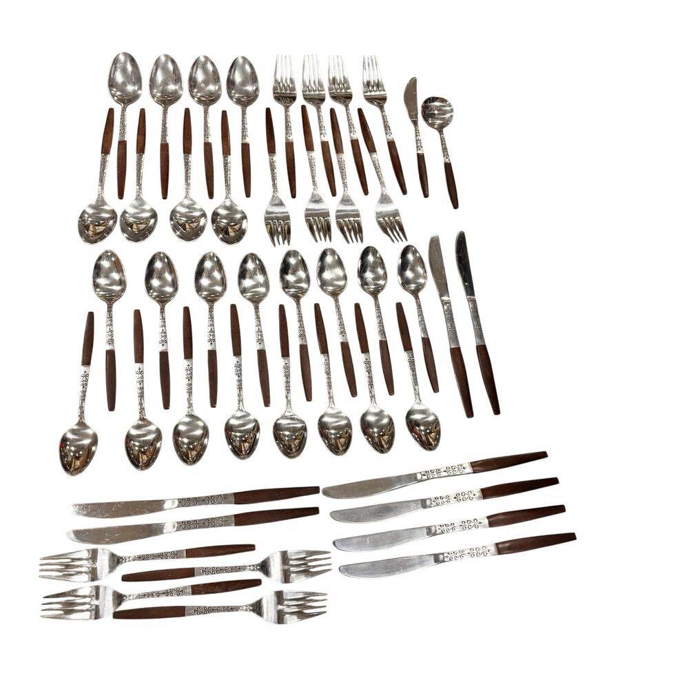 46 Pcs Interpur INR2 Stainless Brown Faux Wood Handle Flatware MCM Japan Lot